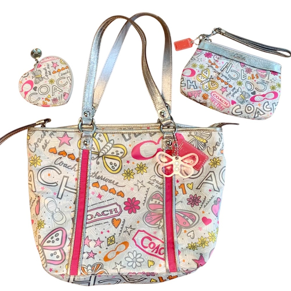 COACH Poppy Daisy Bandana Butterfly Graffiti Tote + Heart coin purse + Wristlet